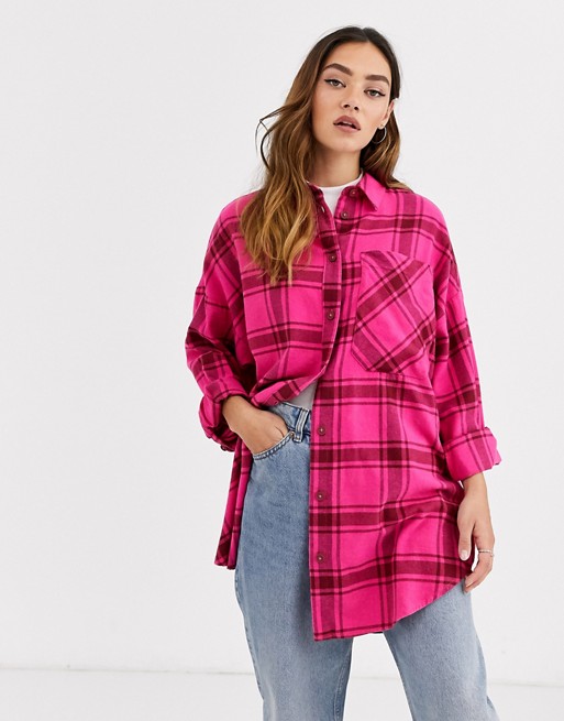 Monki check soft flannel oversized shirt in pink