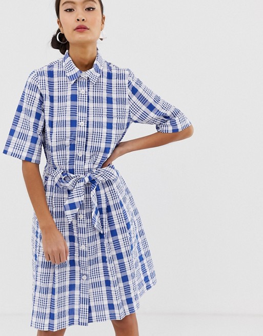 Monki check tie front shirt dress in blue and white