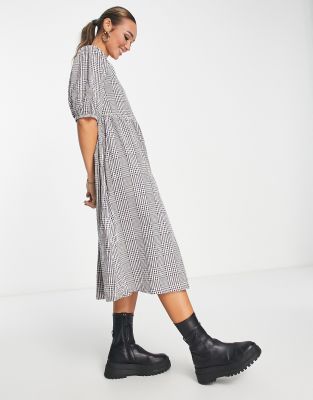 Monki Checked Midi Dress In Brown Check