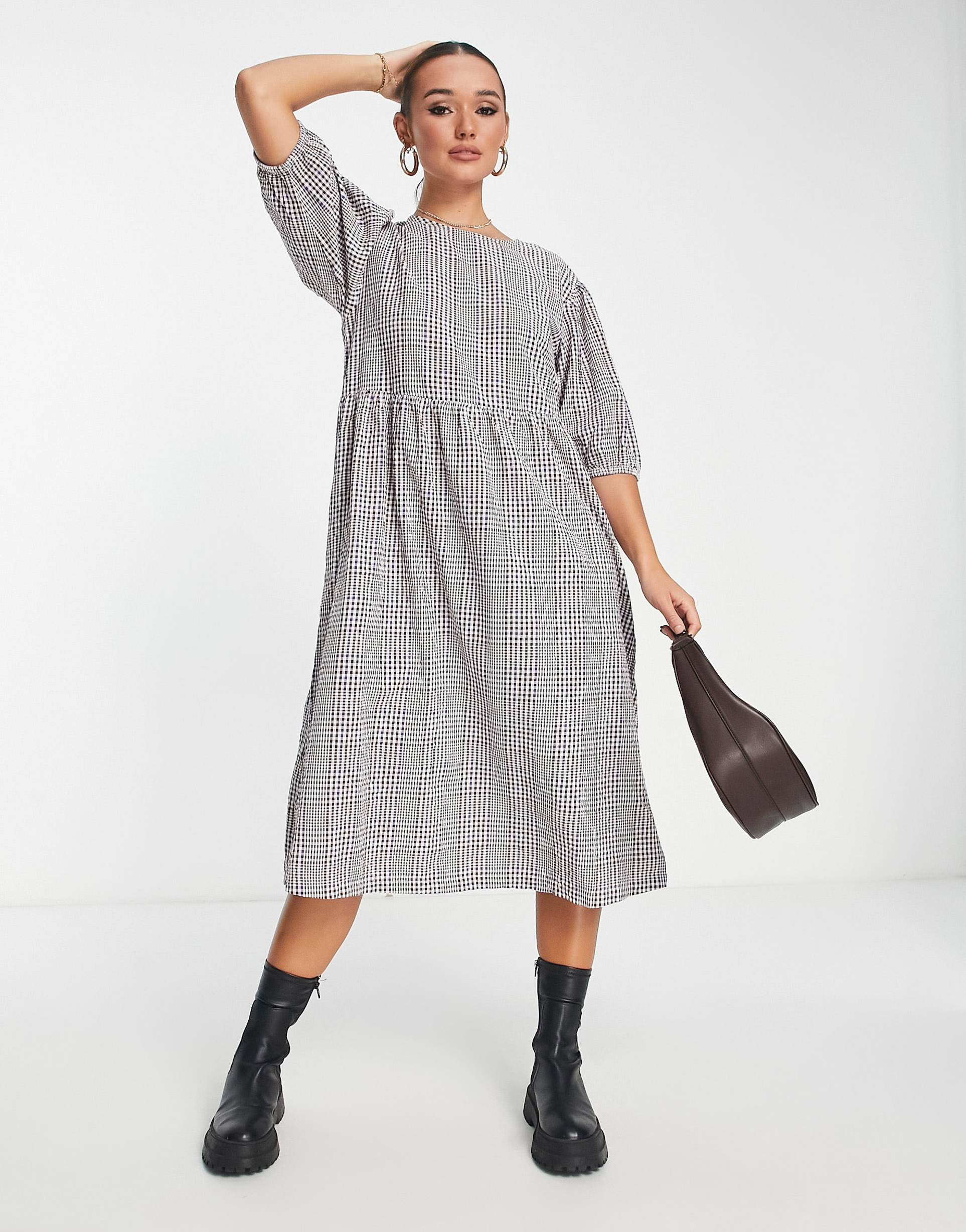 monki checked midi dress in brown check