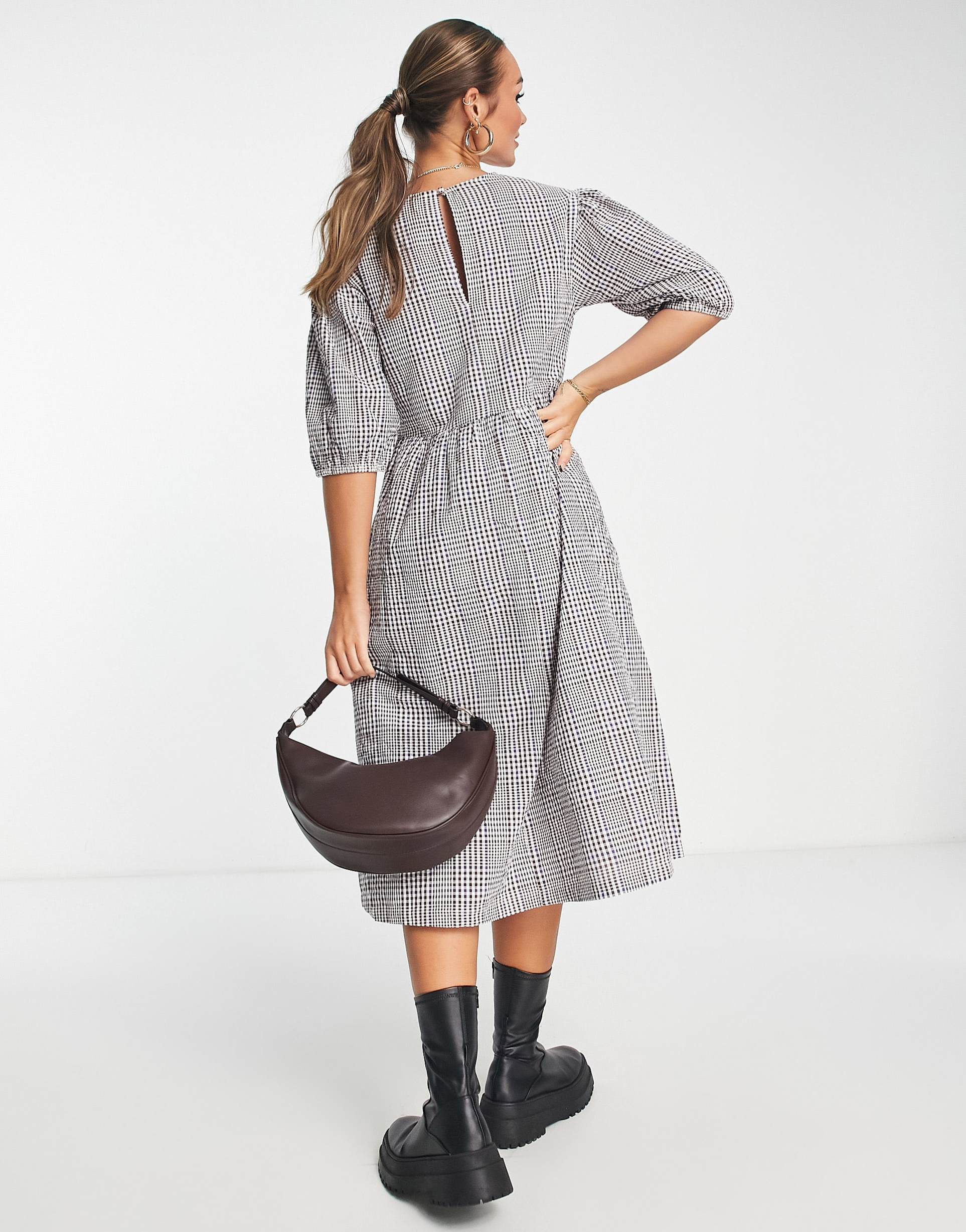 monki checked midi dress in brown check