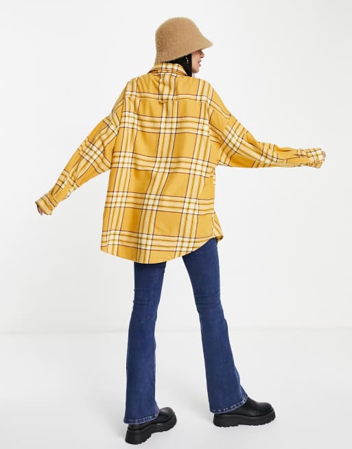 Monki - Chemise à carreaux en flanelle de coton - Jaune - YELLOW, 3 de 4