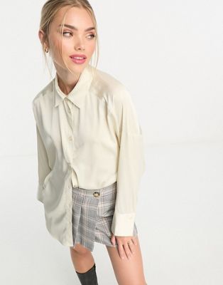 Monki long sleeve shine shirt in light beige - ASOS Price Checker