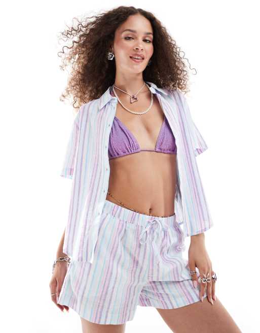 Monki - Chemise d'ensemble en lin à manches courtes - Multicolore à rayures