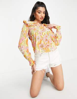 Monki polyester frill collar shirt in retro floral print - MULTI - ASOS Price Checker