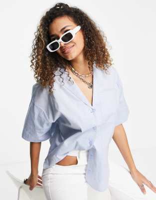 Monki button-up short sleeve shirt in pale blue - ASOS Price Checker