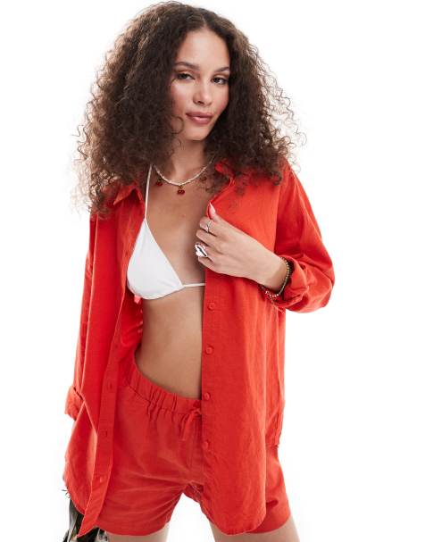 Monki - Chemise oversize d'ensemble en lin mélangé à manches longues - Rouge - view 1