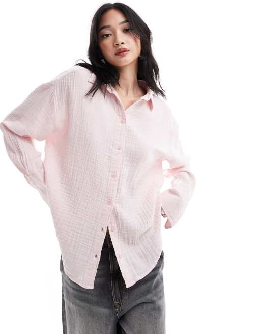 Monki - Chemise texturée effet froissé à manches longues - Rose poudré clair