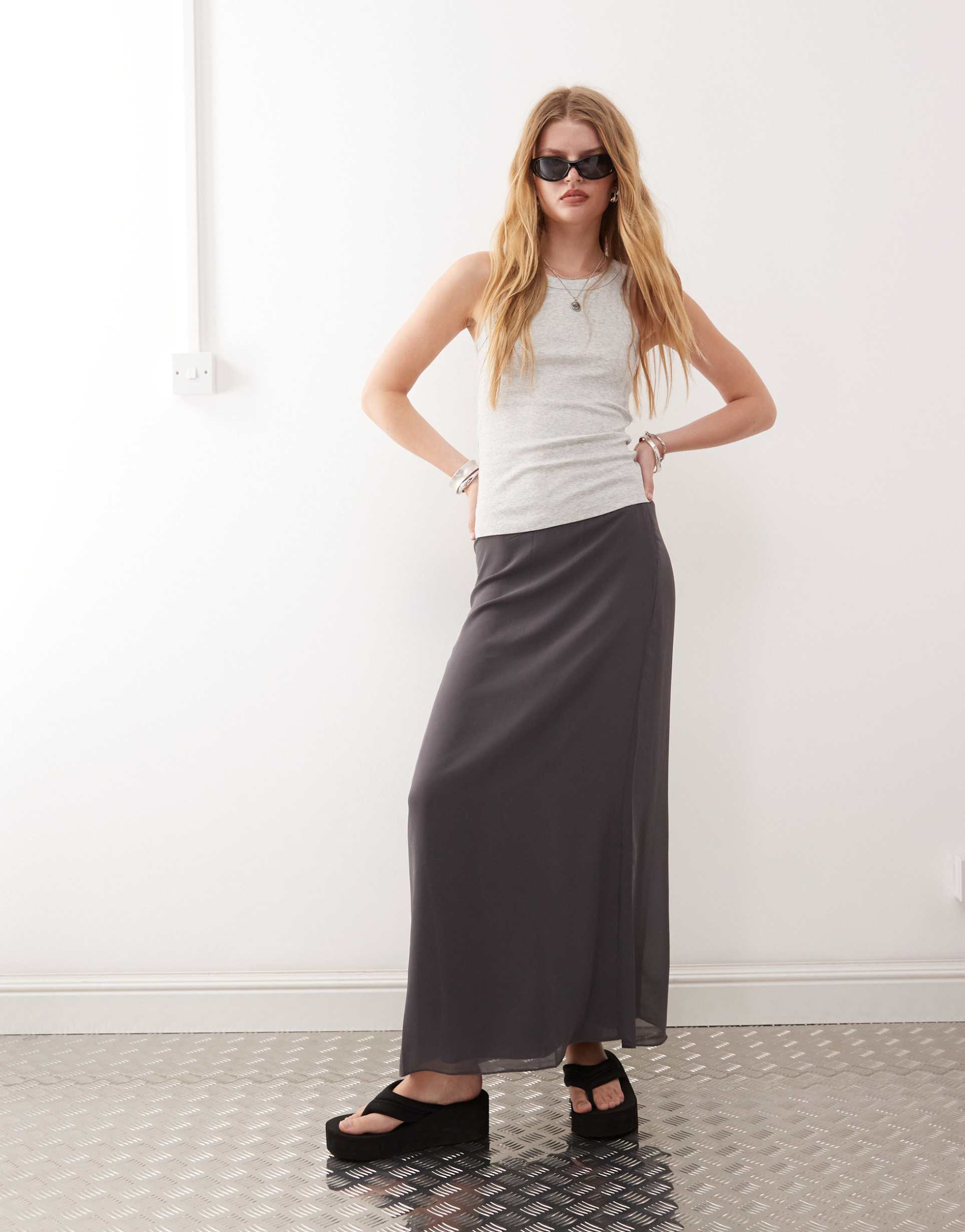 monki chiffon bias cut midaxi skirt in black