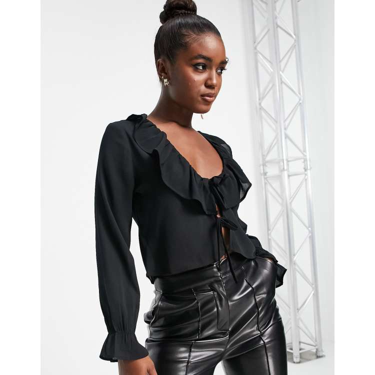 Black silk shop ruffle blouse