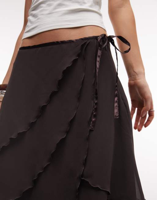 Monki chiffon ruffle midi skirt in chocolate brown, 4 of 5