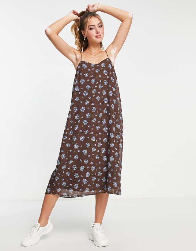 Monki chiffon strappy midi dress in brown floral print