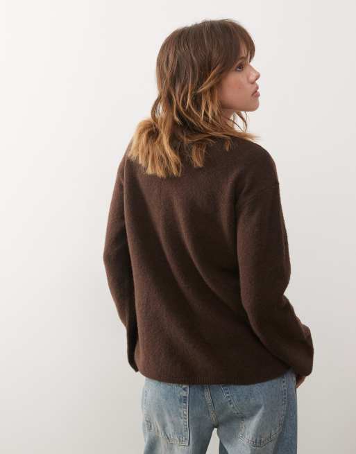 Monki - Chokoladebrun cardigan i strik med bindebåndssløjfer, 4 af 4