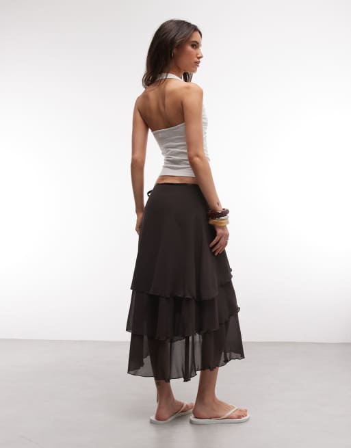 Monki - Chokoladebrun midinederdel med flæser i chiffon, 3 af 5