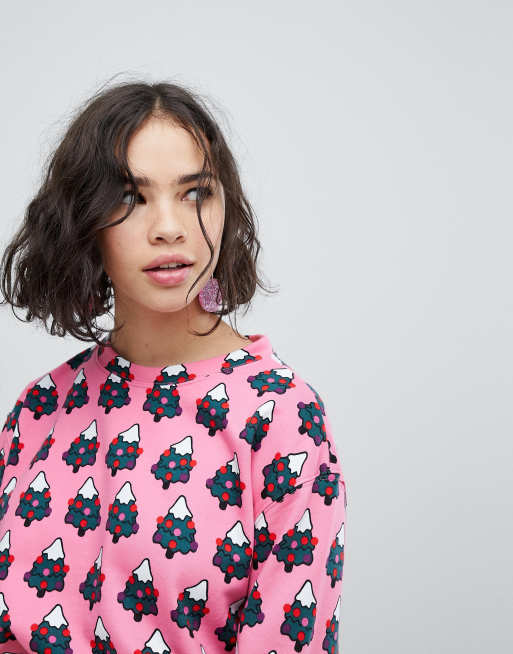 Monki Christmas All Over Xmas Tree Sweatshirt Jumper