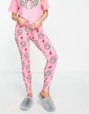 Monki Christmas Cat Pajama Bottoms In Pink - Part Of A Set