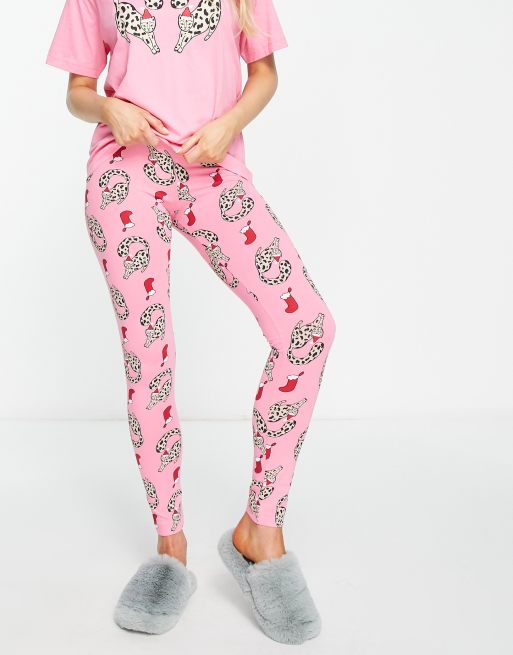 Monki Christmas cat pajama bottoms in pink part of a set