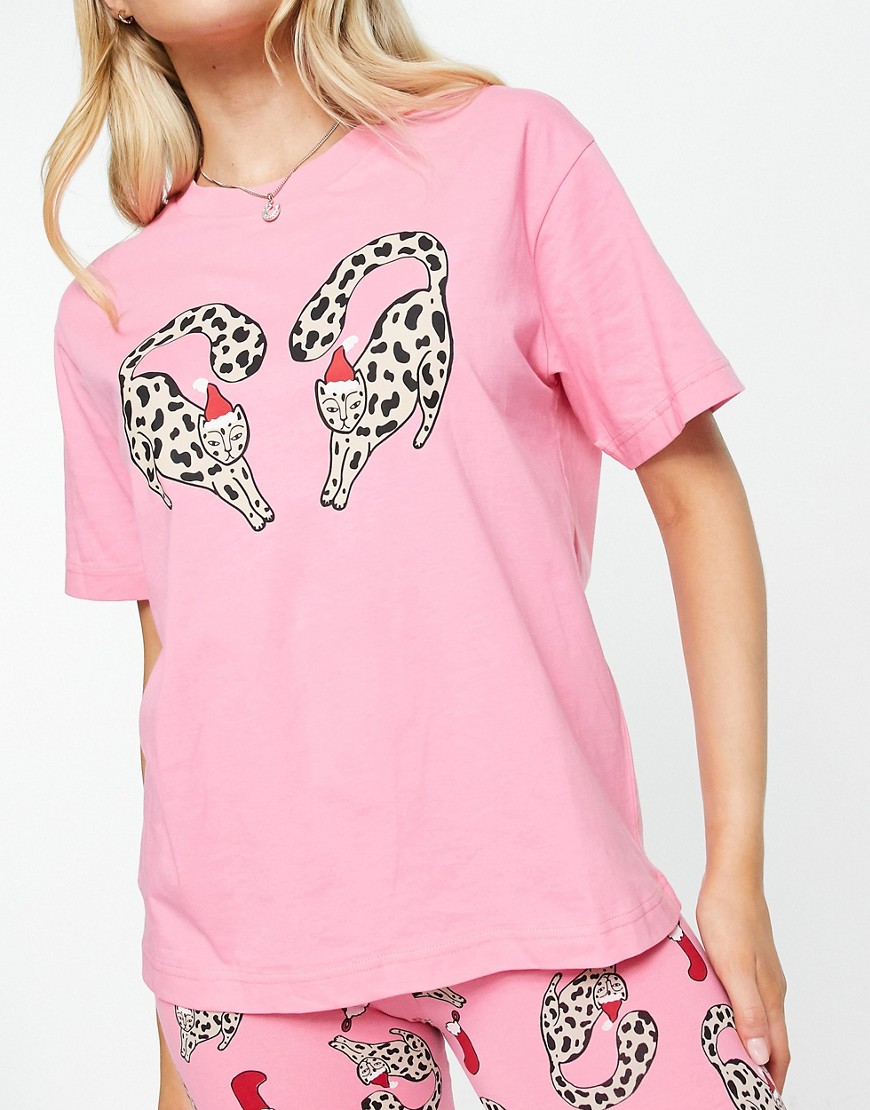 Monki Christmas cat pajama top in pink - part of a set