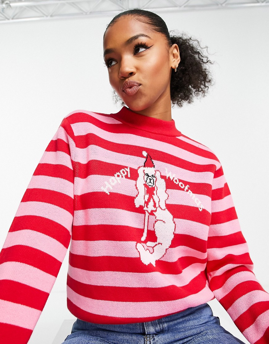 Monki Christmas dog knitted sweater in pink and red stripe-Multi