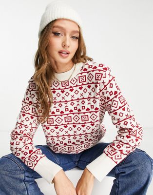 Monki Christmas knitted jumper in beige and red fairisle