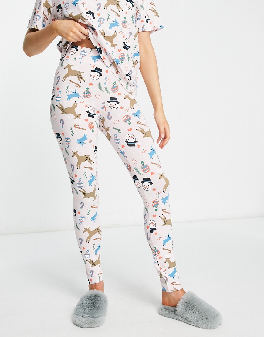 Monki Christmas pajama bottoms in pink all over print - part of a set-Neutral