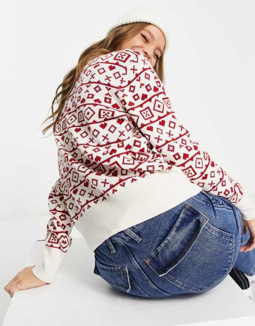 Monki – Christmas – Strickpullover mit Norwegermuster in Beige und Rot, 2 von 4