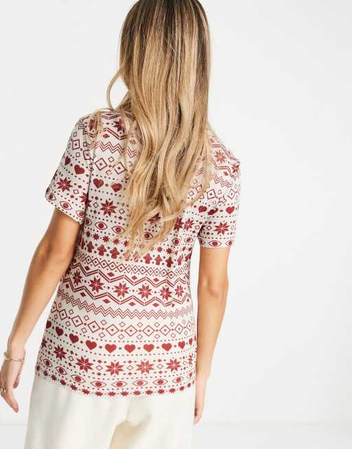 Monki Christmas t-shirt in red fair isle (part of a set), 3 of 4