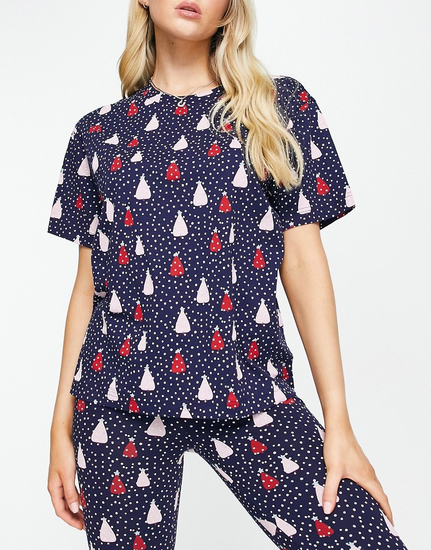 Monki Christmas Tree Pajama Top In Navy - Part Of A Set