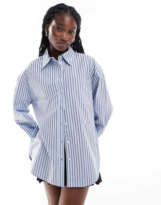 Monki chuck-on oversized shirt in blue and burgundy stripe ASOS