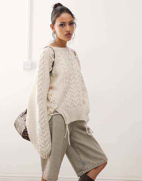Monki chunky cable knit sweater with tie details in off white melange - view 1