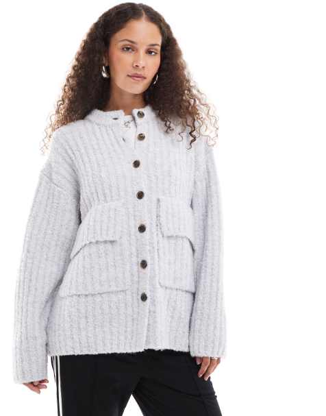 Monki chunky knit rib high neck cardigan with button front and front flap pockets in grey melange - view 1