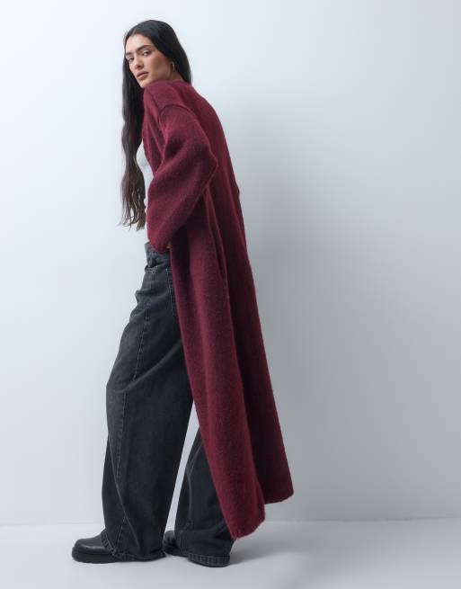 Monki chunky maxi cardigan in wine, 3 of 5