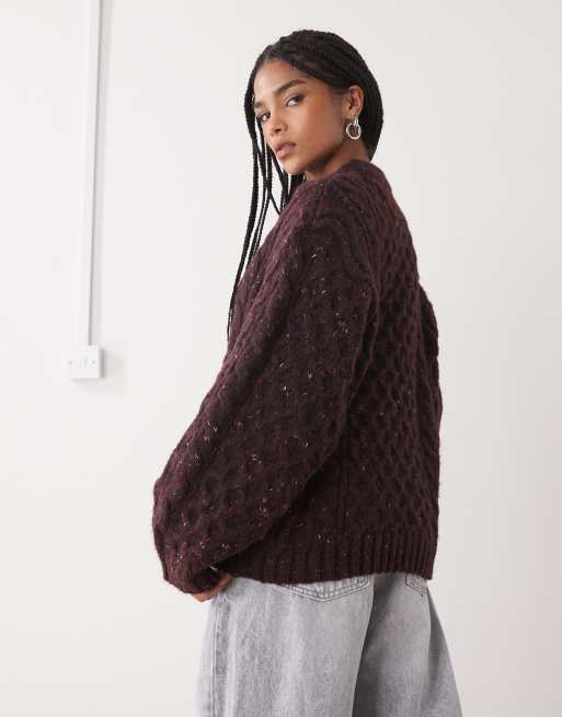 Monki chunky oversized cable knit sweater in dark plum, 3 of 4