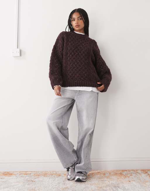 Monki chunky oversized cable knit sweater in dark plum, 4 of 4