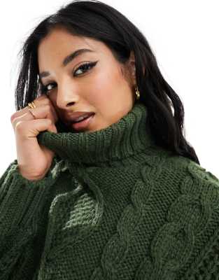 Monki Monki chunky roll neck jumper in khaki-Green