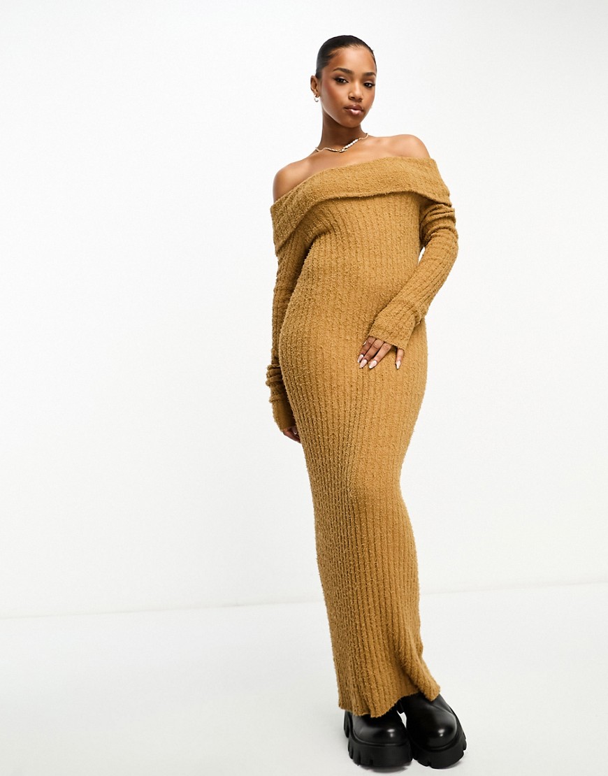 Monki chunky textured rib knitted off the shoulder midi dress in light brown