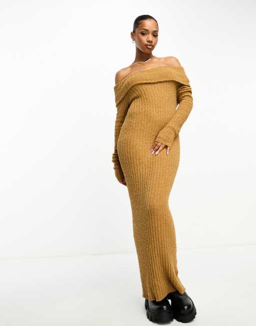 Ribbed off shoulder midi clearance dress