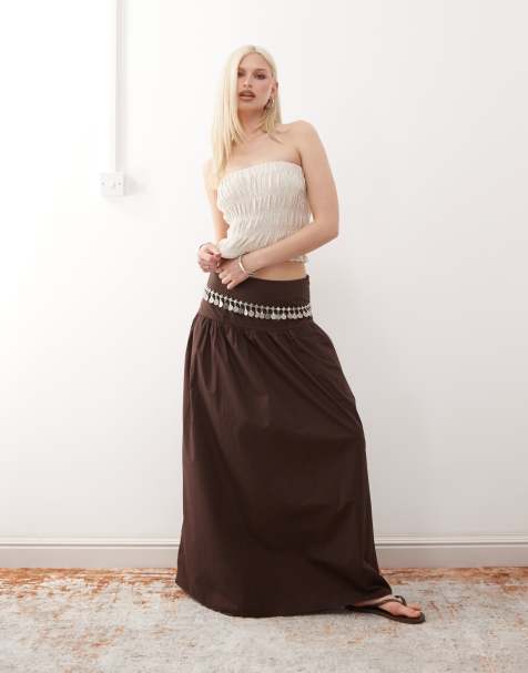 Monki floaty poplin maxi skirt with drop waist detail in dark brown