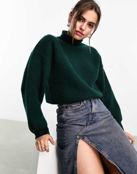 Monki – Ciemnozielony dzianinowy sweter o krótkim fasonie - view 1