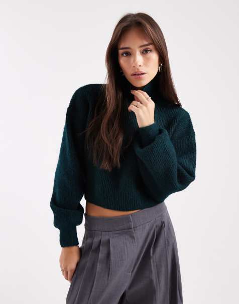 Monki cropped knitted jumper in forest green