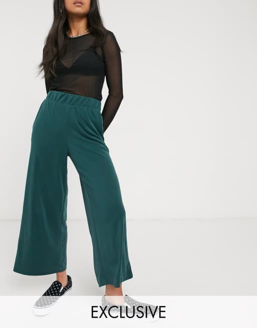 Monki Cilla cupro wide leg trousers in dark green