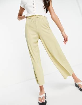 Monki - Cilla - Gerippte Hose mit weitem Bein in hellem Khaki, Kombiteil-Goldfarben