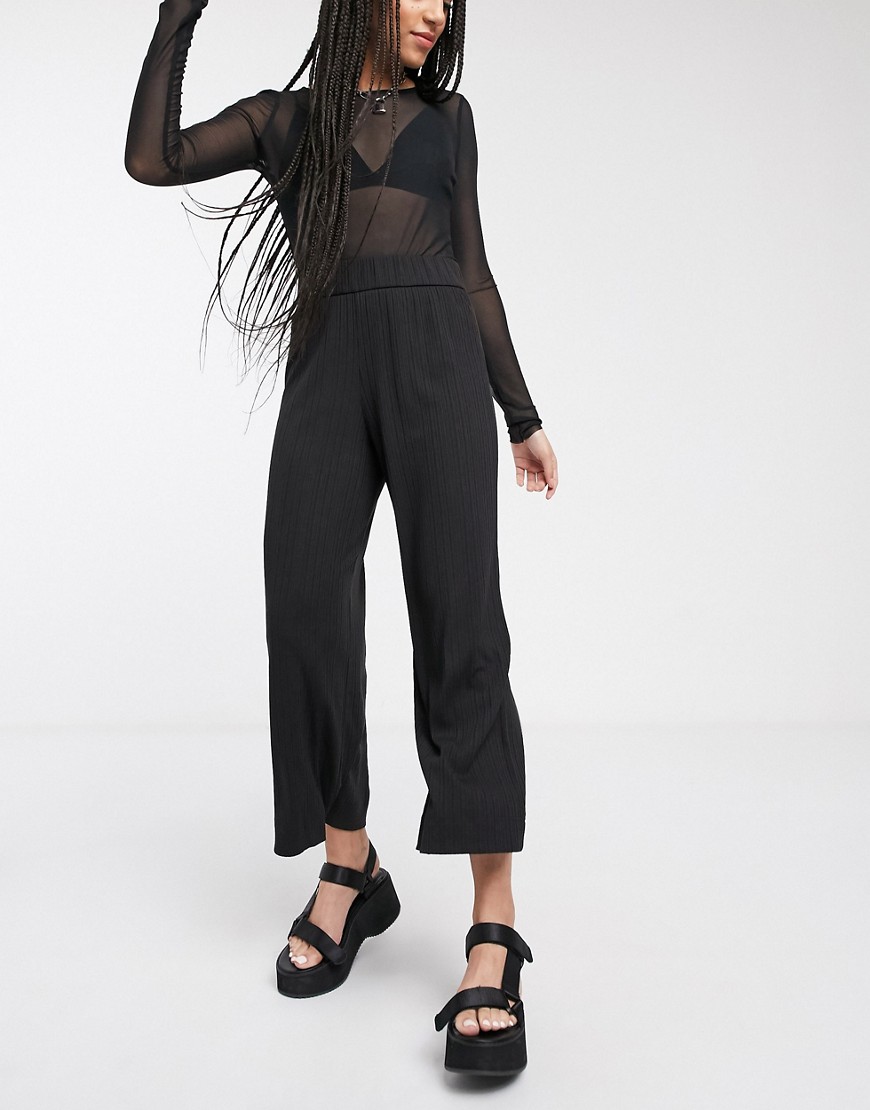 Monki Cilla jersey ribbed wide leg cropped trousers in black