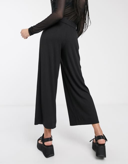 Black Ribbed Jersey Crop Wide Leg Trousers