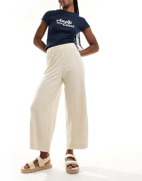 Monki Cilla rib jersey cropped wide leg pants in beige - view 1