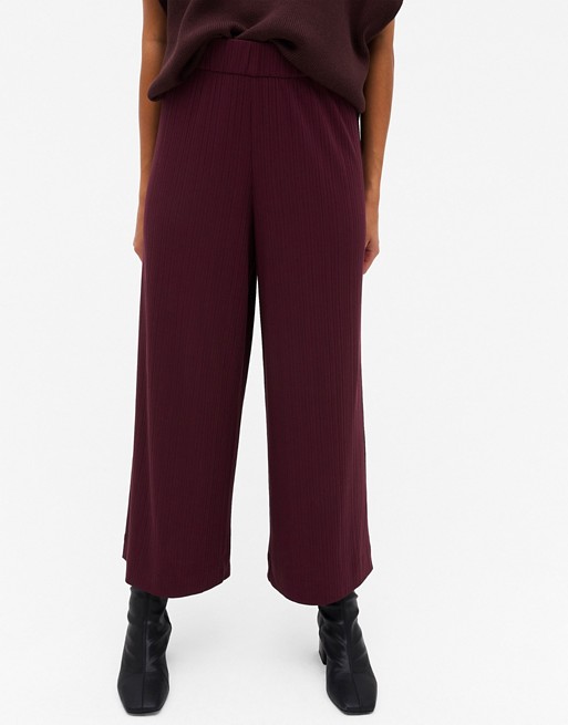 Monki Cilla ribbed wide leg trousers in burgundy
