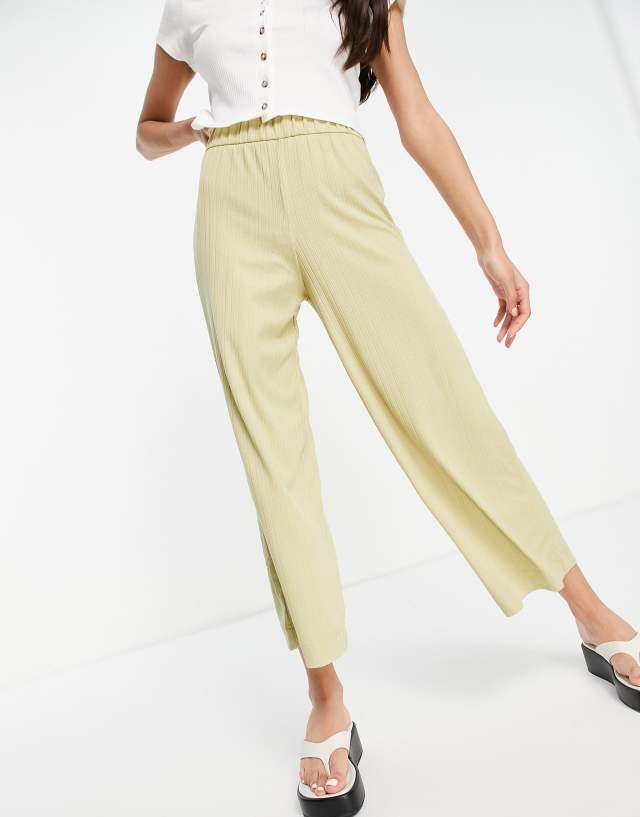 Monki - cilla ribbed wide leg trousers in light khaki co-ord