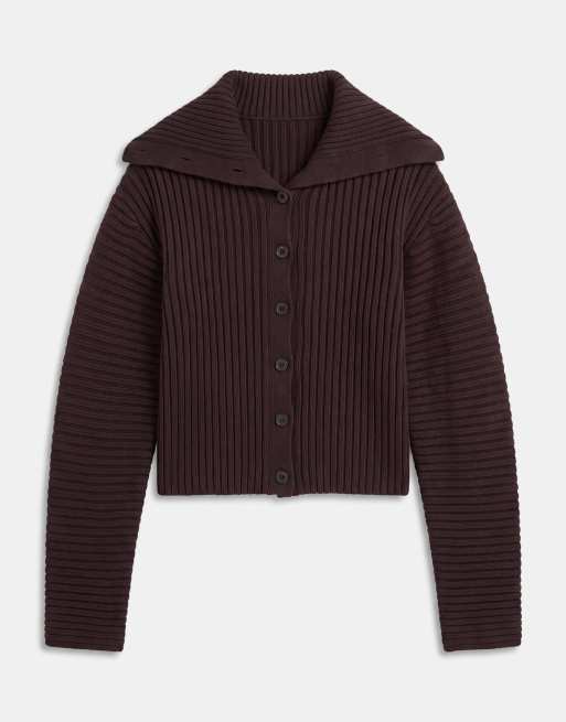 Monki cinched knitted collar cardigan in dark brown, 5 of 7