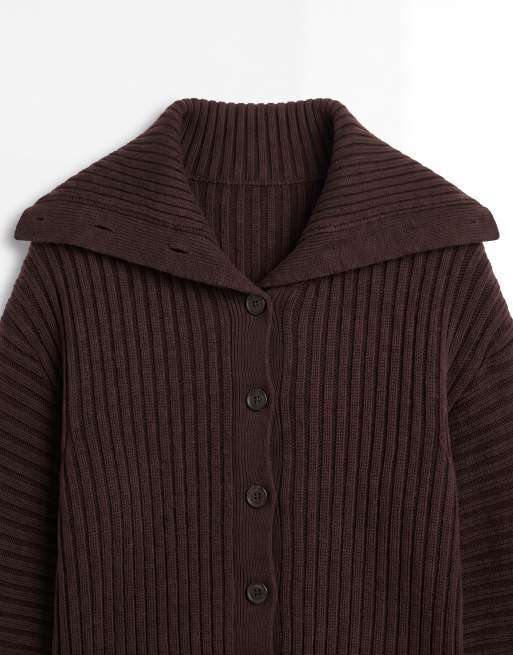 Monki cinched knitted collar cardigan in dark brown, 7 of 7