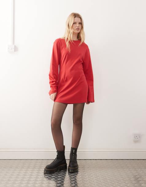 Monki cinched long sleeve mini dress in red